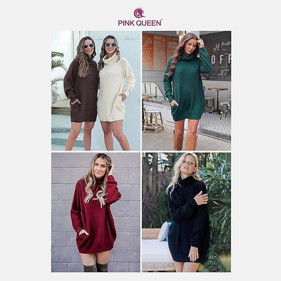 Women's Loose Turtleneck Oversize Long Pullover Sweater Y - Coffee and Khaki - Picture 7 of 8